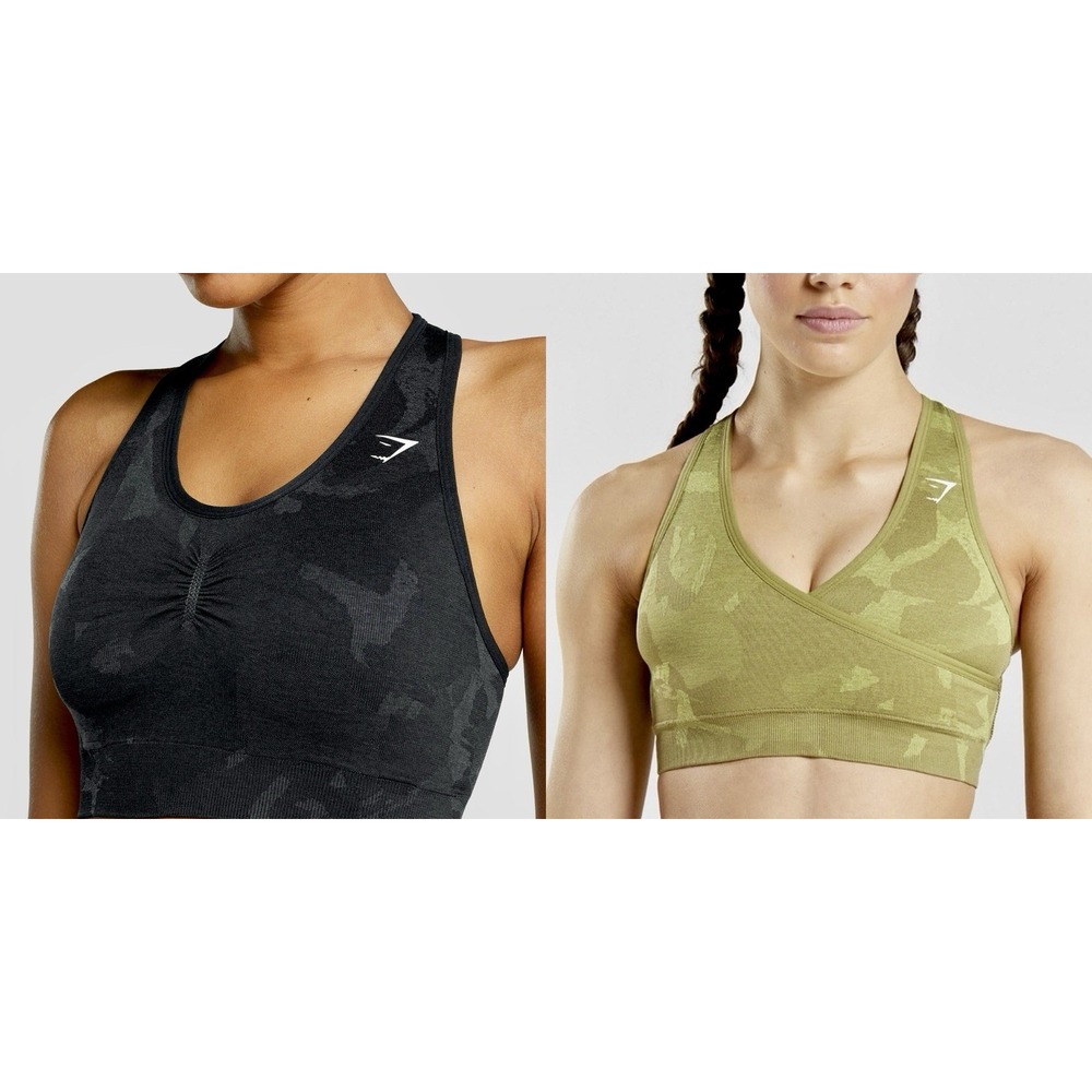 GYM SHARK Adapt Camo Seamless Sports Bra BUNDLE Green + Black Medium